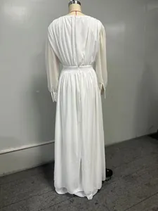 Back view of elegant white double-layer chiffon maxi dress with pleated details