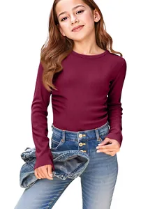 Classic girls maroon long sleeve ribbed knit t-shirt with a slim fit crew neck