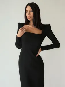 Elegant Hepburn style French black dress with square neckline and long sleeves for women