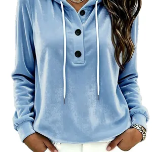 Premium women's light blue gold velvet hooded sweatshirt with drawstring and button accents