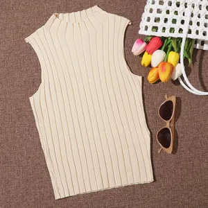 Macro detail view of cream sleeveless ribbed knit tank top showing vertical ribbing texture