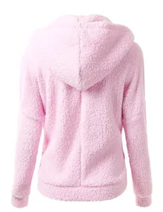Detailed back view of a soft pink fuzzy hooded fleece jacket showing plush texture