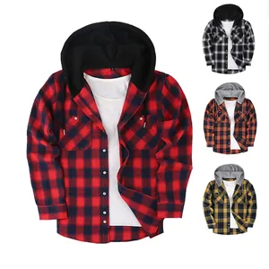 Men Plaid Hooded Shirt Long Sleeve Button Down Shirt Cotton Blend Brushed Fabric Casual Loose Fit Top American Retro Style