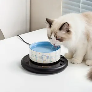 Constant temperature ceramic cat water bowl with warming base and rabbit pattern