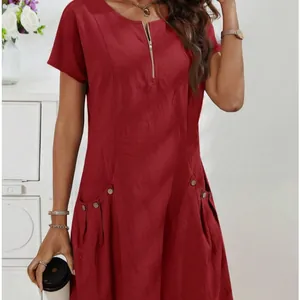Red short-sleeved linen-cotton blend dress with zipper neckline and button-detail pockets