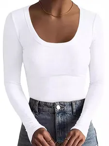 Casual women's slim fit white ribbed long sleeve T-shirt with deep scoop neckline