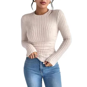 Elegant beige ribbed long-sleeve slim fit t-shirt with crew neck for casual women style