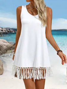 Women Sleeveless Solid Color Tassel Hem Dress Summer Beach Cover-Up Knitted Bohemian Vacation Round Neck Mini Dress White Black