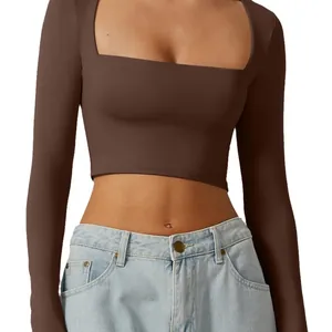 Haut court à manches longues et col carré pour femmes, coupe ajustée, couleur marron foncé