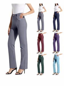 Women High Waist Straight Leg Trousers Solid Color Elastic Waist Office Casual Yoga Pants With Pockets Bottom
