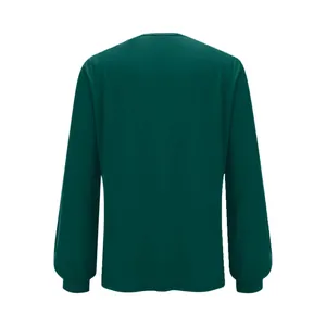Rückenansicht eines lässigen dunkelgrünen Damen-Langarmshirts mit Rundhalsausschnitt