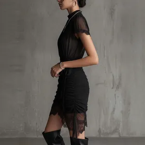 Elegant black sheer lace patchwork bodycon dress with high slit and ruffled hem