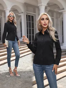 Elegant black long sleeve button-down shirt for women featuring a classic slim fit design
