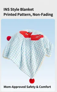 Close-up of blue and white checkered pet blanket with red pom-pom details