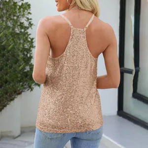 Detailed back view of a champagne gold sequined sleeveless tank top for women