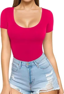Premium vibrant fuchsia slim fit women's low scoop neck short sleeve t-shirt top