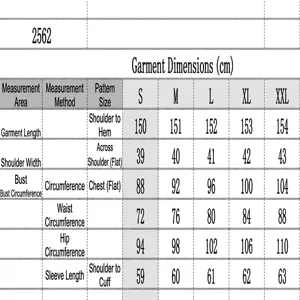 Detailed size chart for long-sleeved sequined evening banquet gown with measurements in cm