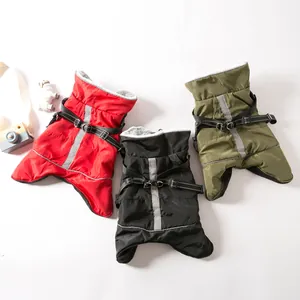 Warm winter dog jackets with integrated harness in red black and green for small dogs