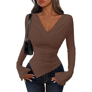 Women Sexy Cowl Neck Asymmetric Hem Long Sleeve Top Slim Fit Solid Color Polyester Spandex T-Shirt Casual Fall Spring Tee