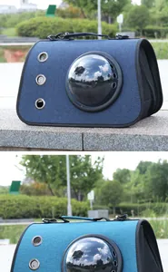 Close-up of portable pet space capsule carrier with transparent bubble window