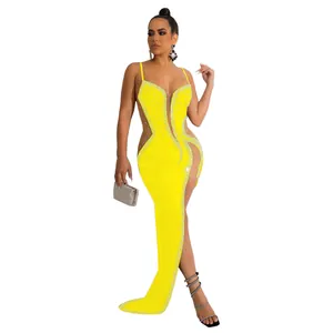 Elegant yellow evening dress with sexy mesh panels and sparkling rhinestone details