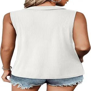 Back view of white ribbed sleeveless knit vest with collar detail for casual women's style