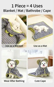 Detailed views of 4-in-1 plush hooded pet cloak for dogs and cats in various scenarios