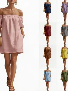 Women Off Shoulder Cotton Linen Dress Summer Casual Loose Solid Color Mini Dress Puff Sleeve Vacation Party Short Sundress