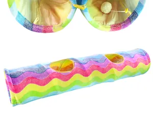 Detail view of colorful rainbow striped foldable cat tunnel showing internal toy ball