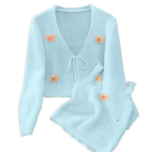 Light blue knitted two-piece set with V-neck tie cardigan and 3D butterfly appliqués