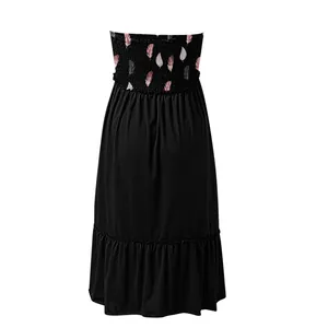 Detailed back view of a black smocked tube dress featuring elegant feather print patterns