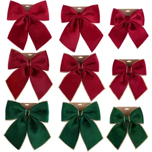 Variety pack of red and green velvet Christmas bows with gold edges in three sizes