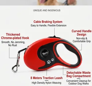 Detail van de 8m hondenriem met ergonomisch handvat en remsysteem