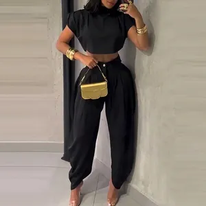 Elegant black two-piece outfit featuring a crop top and pleated high-waisted trousers.