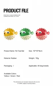 Detailed specifications of the pufferfish-shaped rubber pet food dispenser toy ball
