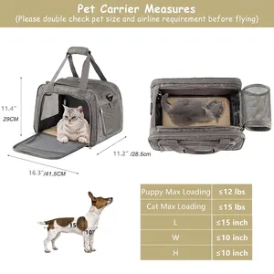 Breathable grey soft-sided pet carrier for cats and dogs with detailed dimension chart
