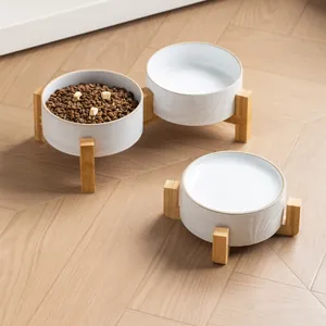 Cuenco de Cerámica para Mascotas Minimalista Nórdico Con Soporte de Madera de Bambú Elevado Antivuelco Cuenco para Gatos y Perros