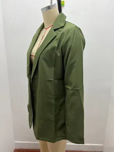 Side view of olive green slim fit blazer with notched lapel and pockets