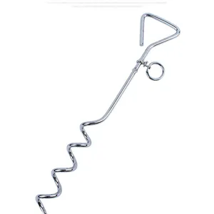 Heavy duty chrome-plated spiral dog tie-out stake with triangular handle for outdoor use