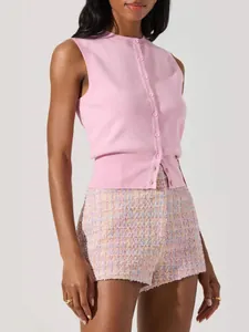 Elegant pink sleeveless button-up knit vest for women in a chic summer style