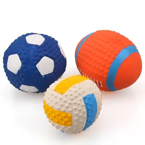 Set of 3 textured latex dog toys including squeaky soccer, rugby, and volleyball