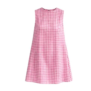 Pink and white gingham checkered sleeveless round neck casual summer shift dress