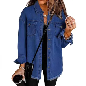 Women's casual washed blue denim shirt jacket featuring a raw frayed hem and chest pockets