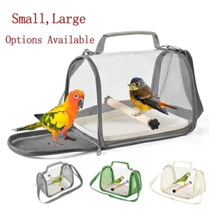 Portable Transparent Bird Carrier Bag Breathable Mesh Parrot Travel Backpack With Wood Standing Perch And Cleaning Tray For Small Pets