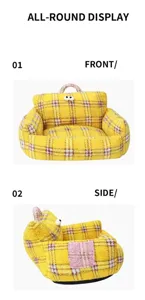 Front and side views of a yellow plaid boucle pet sofa bed with cute eye details