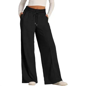 Women's 2024 casual solid black wide-leg sweatpants with drawstring elastic waist and pockets