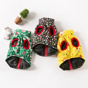 Christmas warm padded pet dog vests in green yellow black with festive print patterns
