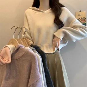 Détail de pulls en maille à capuche courts et doux pour femmes en diverses couleurs élégantes