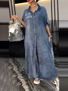 Women's Letter Print Polyester Shirt Dress Lapel Single Breasted Maxi Casual Short Sleeve Loose Distressed Fashion Streetwear Summer