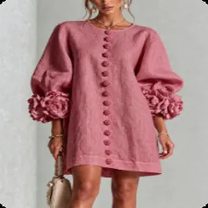French pink mauve dress with 3D floral lantern sleeves and front button details